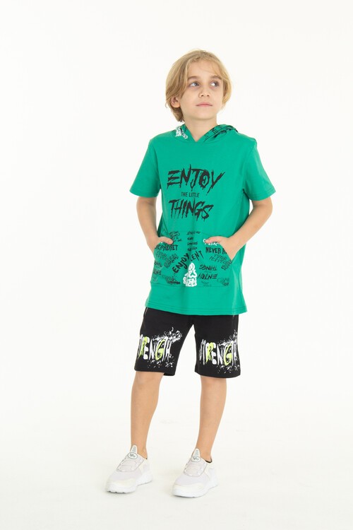 Erkek Çocuk Enjoy Baskılı Kapşonlu Şortlu Takım 14048