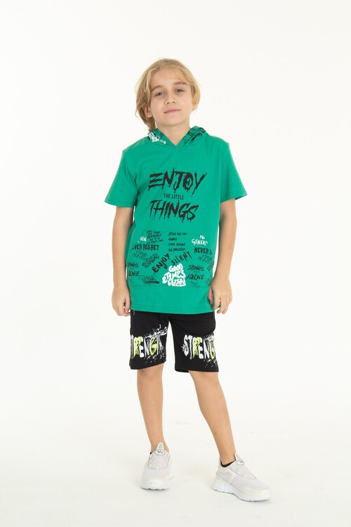 Erkek Çocuk Enjoy Baskılı Kapşonlu Şortlu Takım 14048