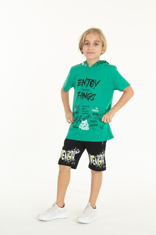 Erkek Çocuk Enjoy Baskılı Kapşonlu Şortlu Takım 14048