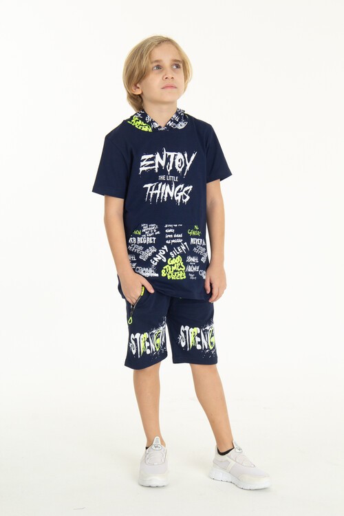 Erkek Çocuk Enjoy Baskılı Kapşonlu Şortlu Takım 14048