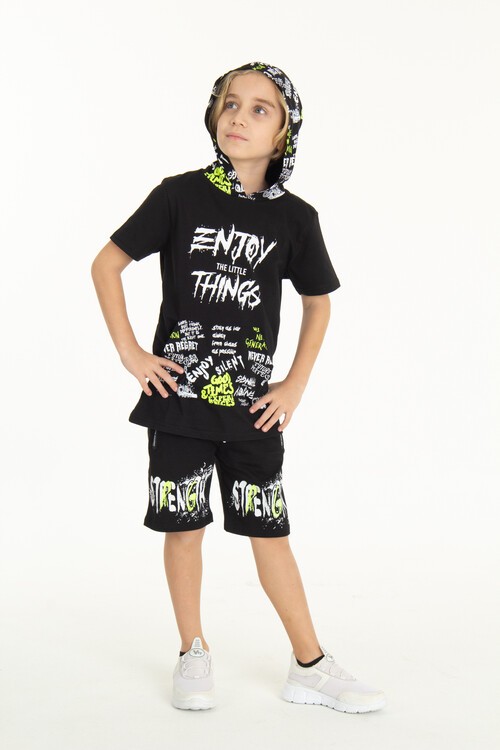 Erkek Çocuk Enjoy Baskılı Kapşonlu Şortlu Takım 14048