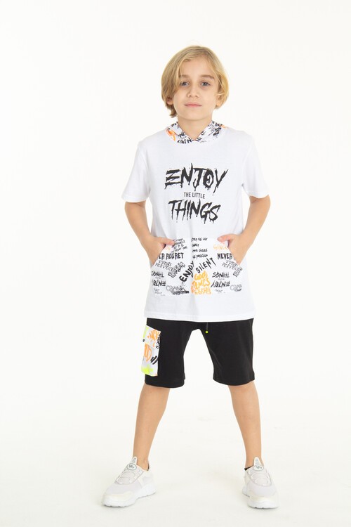 Erkek Çocuk Enjoy Baskılı Kapşonlu Şortlu Takım 14048