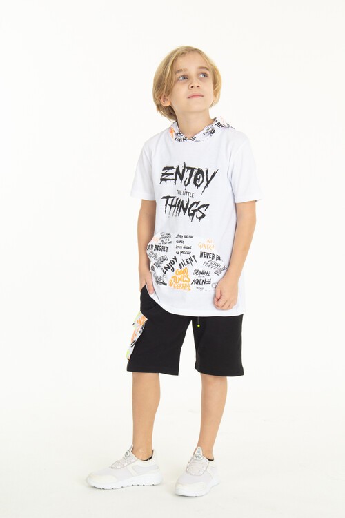 Erkek Çocuk Enjoy Baskılı Kapşonlu Şortlu Takım 14048