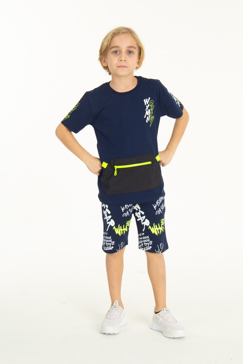 Erkek Çocuk Fermuarlı Kanguru Cepli Şortlu Takım 14097