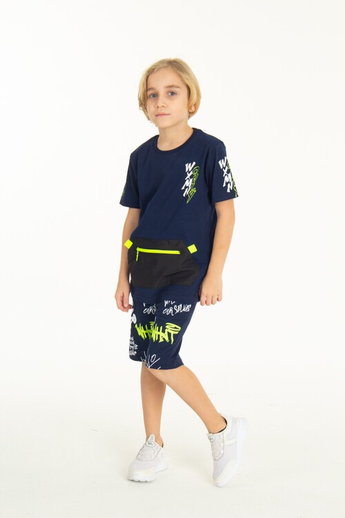 Erkek Çocuk Fermuarlı Kanguru Cepli Şortlu Takım 14097