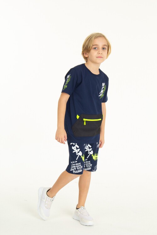 Erkek Çocuk Fermuarlı Kanguru Cepli Şortlu Takım 14097