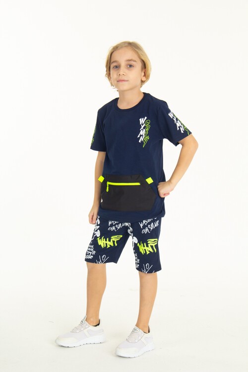 Erkek Çocuk Fermuarlı Kanguru Cepli Şortlu Takım 14097