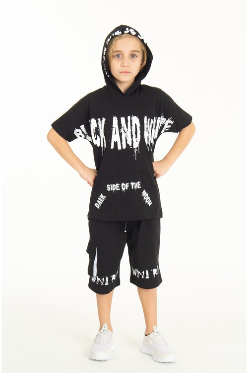 Erkek Çocuk Kanguru Cepli Kapüşonlu Şortlu Takım 14007