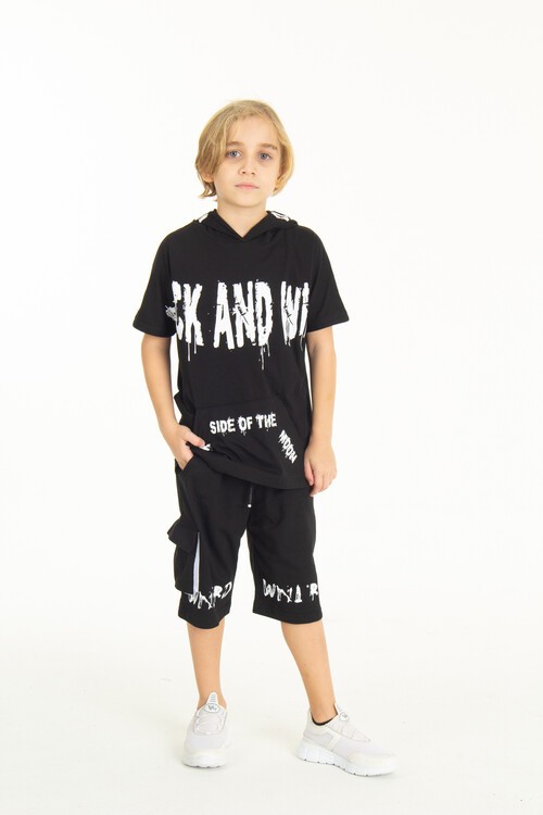 Erkek Çocuk Kanguru Cepli Kapüşonlu Şortlu Takım 14007