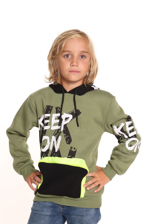 Erkek Çocuk Keep On Yazı Baskılı Kapşonlu Sweatshirt 14137