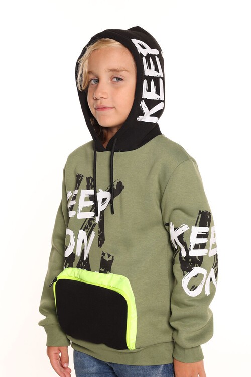 Erkek Çocuk Keep On Yazı Baskılı Kapşonlu Sweatshirt 14137