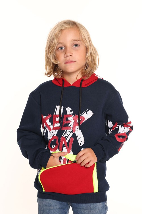 Erkek Çocuk Keep On Yazı Baskılı Kapşonlu Sweatshirt 14137