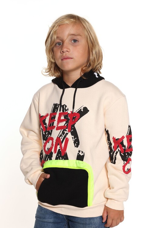 Erkek Çocuk Keep On Yazı Baskılı Kapşonlu Sweatshirt 14137