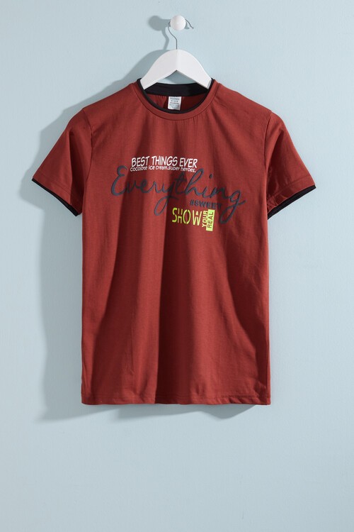 Erkek Çocuk Kiremit Neon Yazı Baskı 8-13 Yaş T-Shirt 6303-1