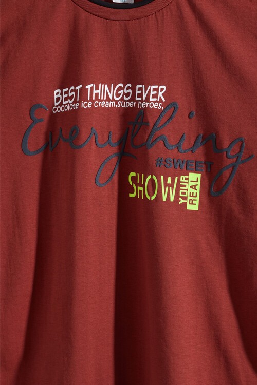 Erkek Çocuk Kiremit Neon Yazı Baskı 8-13 Yaş T-Shirt 6303-1