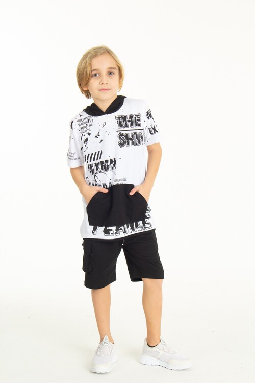 Erkek Çocuk Shiny Yazı Baskılı  Kapşonlu Şortlu Takım 14065