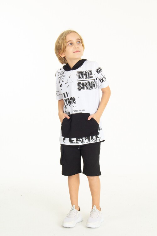 Erkek Çocuk Shiny Yazı Baskılı  Kapşonlu Şortlu Takım 14065