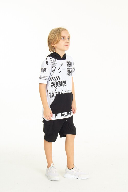 Erkek Çocuk Shiny Yazı Baskılı  Kapşonlu Şortlu Takım 14065