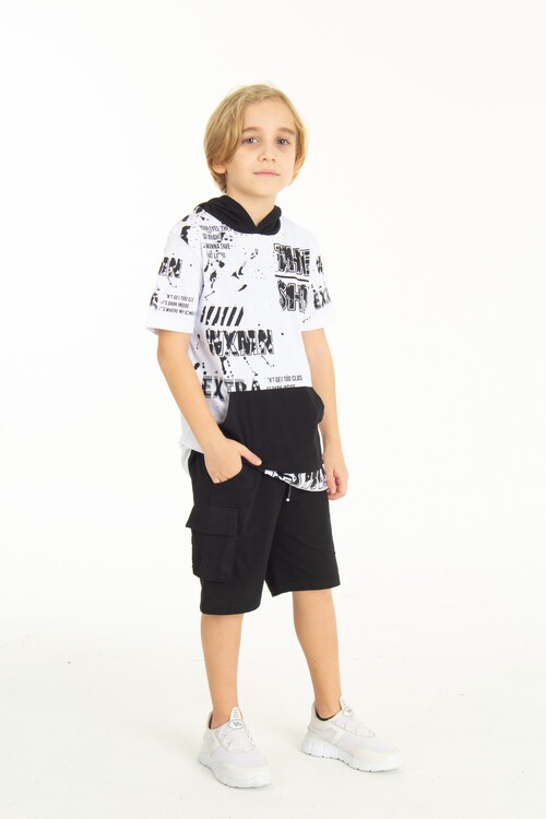 Erkek Çocuk Shiny Yazı Baskılı  Kapşonlu Şortlu Takım 14065
