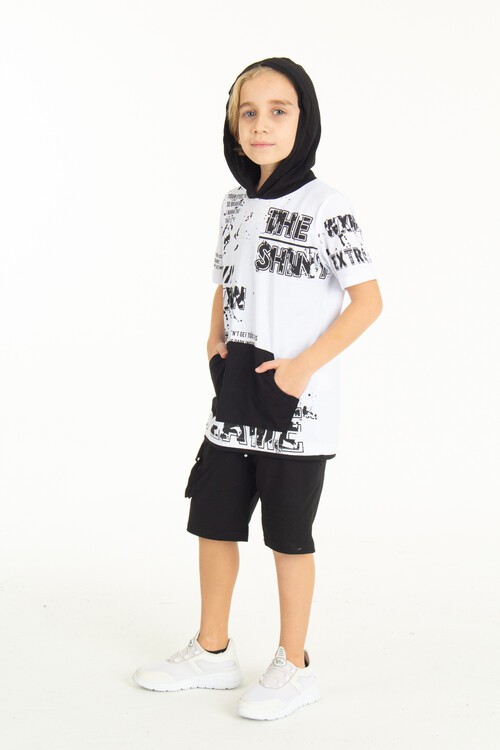 Erkek Çocuk Shiny Yazı Baskılı  Kapşonlu Şortlu Takım 14065
