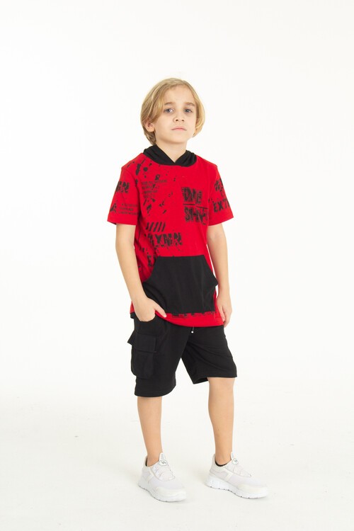 Erkek Çocuk Shiny Yazı Baskılı  Kapşonlu Şortlu Takım 14065