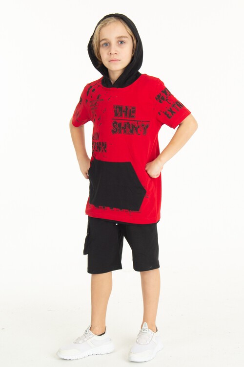 Erkek Çocuk Shiny Yazı Baskılı  Kapşonlu Şortlu Takım 14065