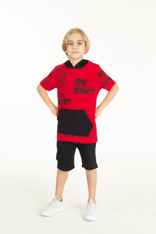 Erkek Çocuk Shiny Yazı Baskılı  Kapşonlu Şortlu Takım 14065