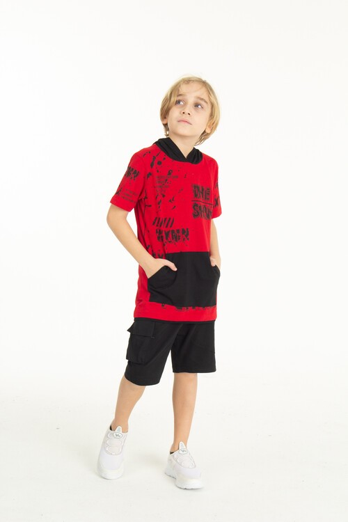 Erkek Çocuk Shiny Yazı Baskılı  Kapşonlu Şortlu Takım 14065