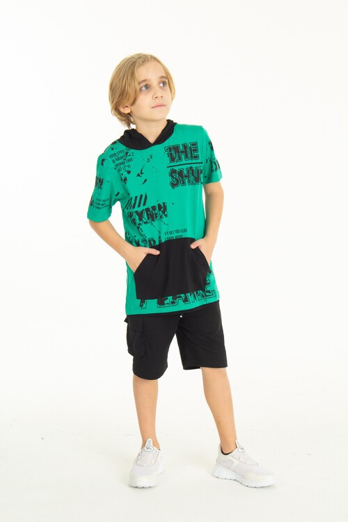 Erkek Çocuk Shiny Yazı Baskılı  Kapşonlu Şortlu Takım 14065