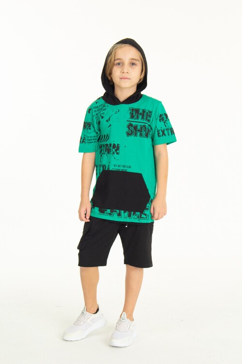 Erkek Çocuk Shiny Yazı Baskılı  Kapşonlu Şortlu Takım 14065