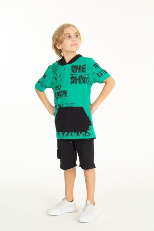 Erkek Çocuk Shiny Yazı Baskılı  Kapşonlu Şortlu Takım 14065