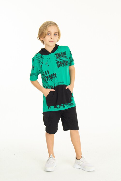 Erkek Çocuk Shiny Yazı Baskılı  Kapşonlu Şortlu Takım 14065