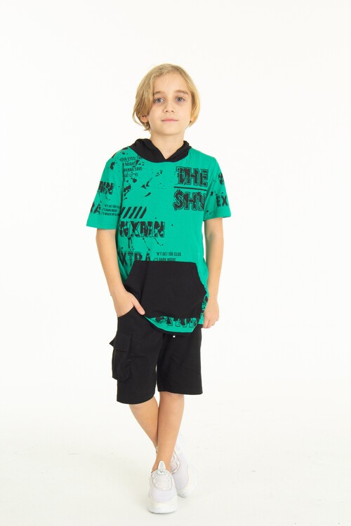 Erkek Çocuk Shiny Yazı Baskılı  Kapşonlu Şortlu Takım 14065