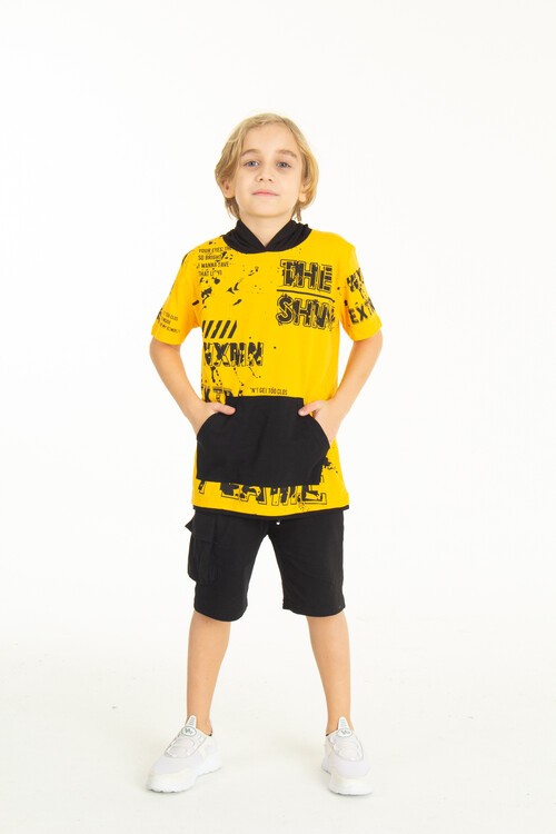 Erkek Çocuk Shiny Yazı Baskılı  Kapşonlu Şortlu Takım 14065