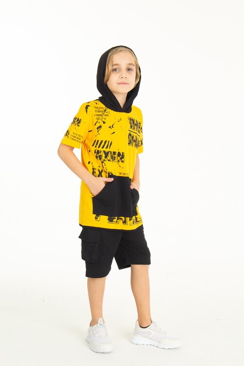 Erkek Çocuk Shiny Yazı Baskılı  Kapşonlu Şortlu Takım 14065