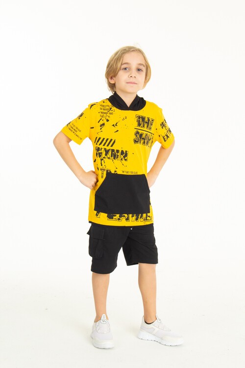 Erkek Çocuk Shiny Yazı Baskılı  Kapşonlu Şortlu Takım 14065