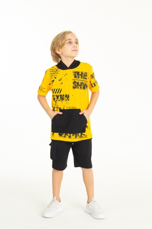 Erkek Çocuk Shiny Yazı Baskılı  Kapşonlu Şortlu Takım 14065