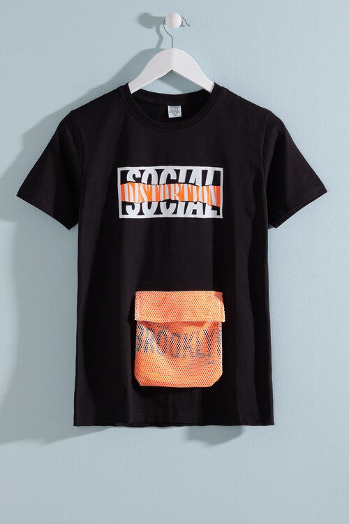 Erkek Çocuk Siyah Ön Cep Neon Detay 8-13 Yaş T-Shirt 4138-1