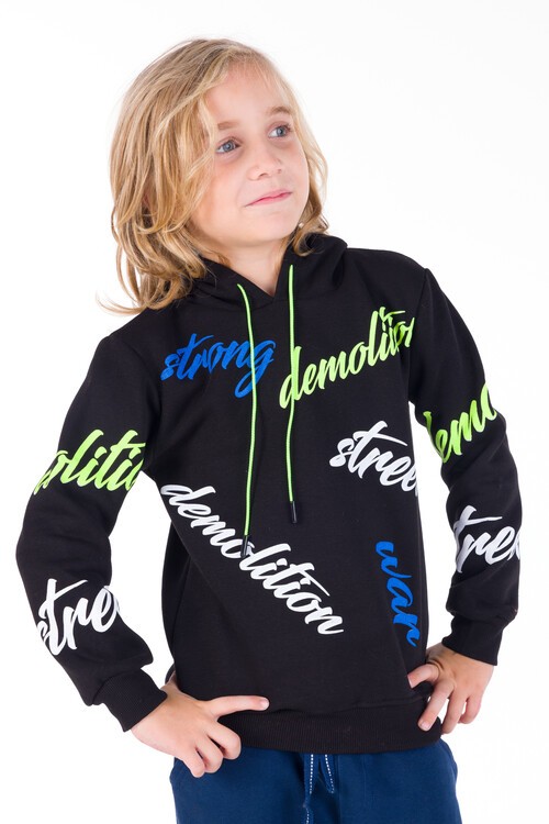 Erkek Çocuk Strong Yazı Baskılı Kapşonlu Sweatshirt 14138