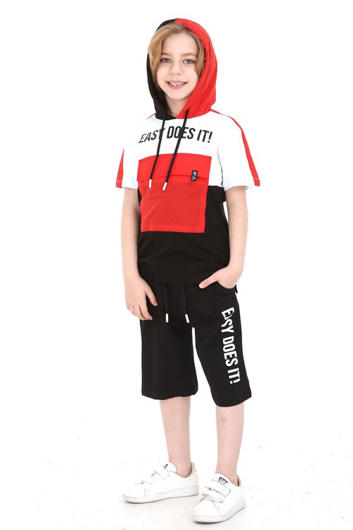 Erkek Easy Yazı Baskılı Bloklu Şortlu Takım 4-9 Yaş 14069