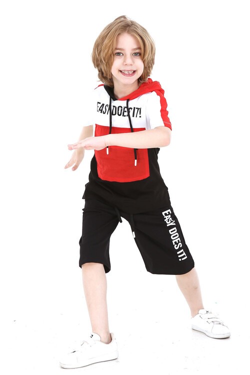 Erkek Easy Yazı Baskılı Bloklu Şortlu Takım 4-9 Yaş 14069