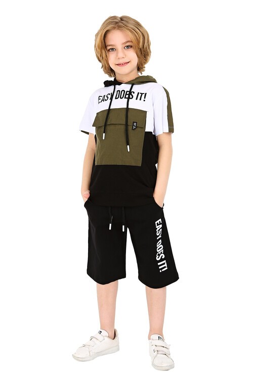 Erkek Easy Yazı Baskılı Bloklu Şortlu Takım 4-9 Yaş 14069