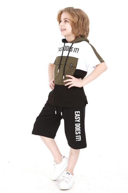 Erkek Easy Yazı Baskılı Bloklu Şortlu Takım 4-9 Yaş 14069