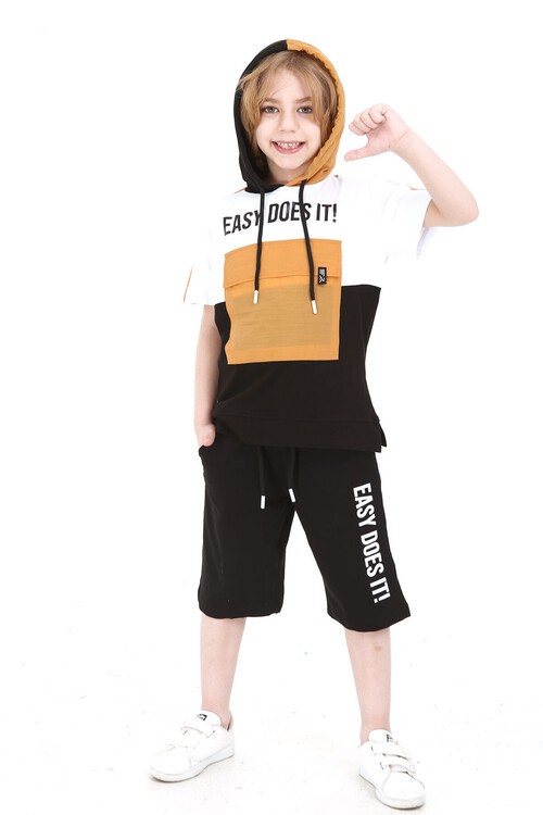 Erkek Easy Yazı Baskılı Bloklu Şortlu Takım 4-9 Yaş 14069