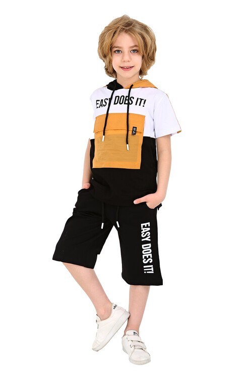 Erkek Easy Yazı Baskılı Bloklu Şortlu Takım 4-9 Yaş 14069