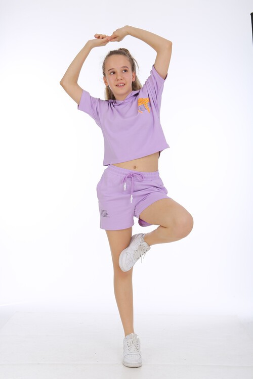 Kız Çocuk Kapşonlu Baskılı Şortlu Takım 10-15 Yaş 13940