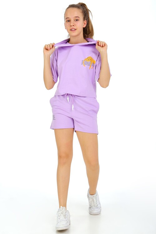 Kız Çocuk Kapşonlu Baskılı Şortlu Takım 10-15 Yaş 13940