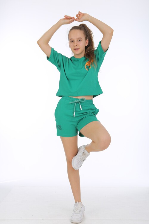 Kız Çocuk Kapşonlu Baskılı Şortlu Takım 10-15 Yaş 13940