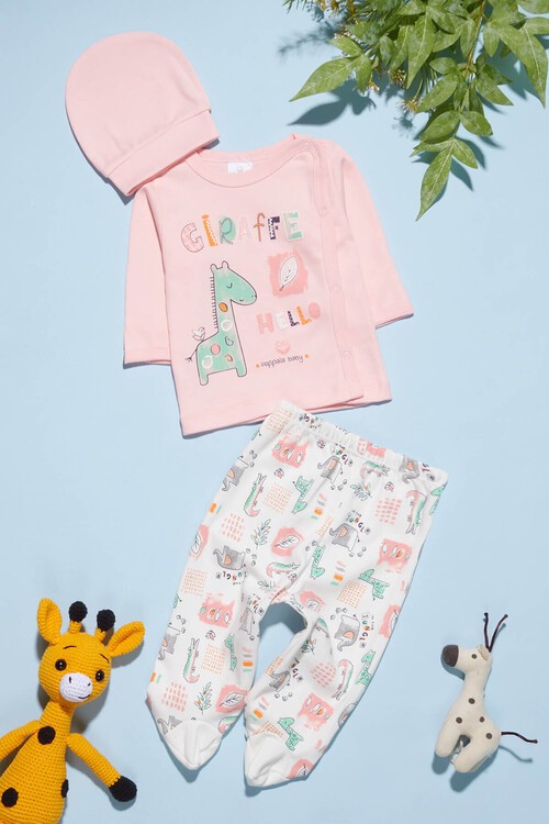 Kız Bebek Hayvan Baskılı 3lü Zıbın Takımı 0-3 Ay 13696