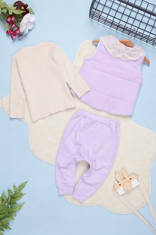 Kız Bebek Tavşanlı Yelekli 3lü Takım 14390